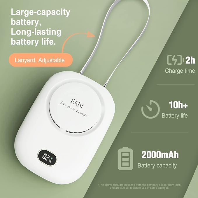 White CoolBreeze neck fan with adjustable lanyard; graphic states 2h charge time, 10h+ battery life, 2000mAh capacity
