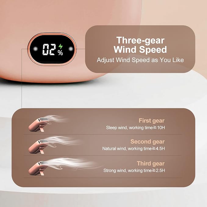 Pink CoolBreeze neck fan three-speed wind settings: sleep, natural, and strong wind modes
