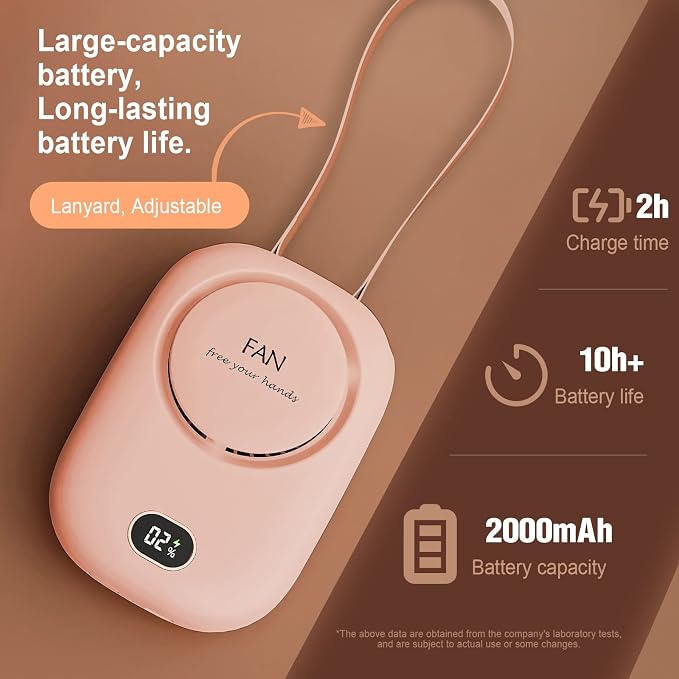 Pink CoolBreeze neck fan with adjustable lanyard; graphic states 2h charge time, 10h+ battery life, 2000mAh capacity