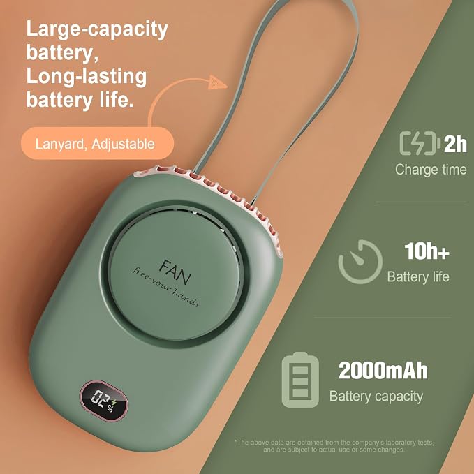 Green CoolBreeze neck fan with adjustable lanyard; graphic states 2h charge time, 10h+ battery life, 2000mAh capacity