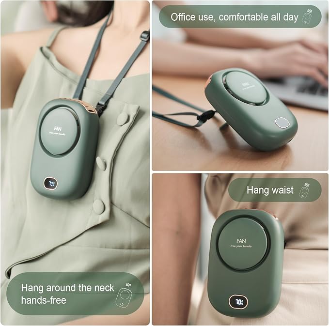 Green CoolBreeze neck fan lifestyle collage: worn hands-free around the neck, clipped at the waist, and in office use