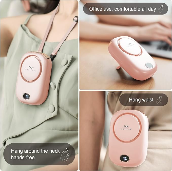 Pink CoolBreeze neck fan lifestyle collage: worn hands-free around the neck, clipped at the waist, and in office use