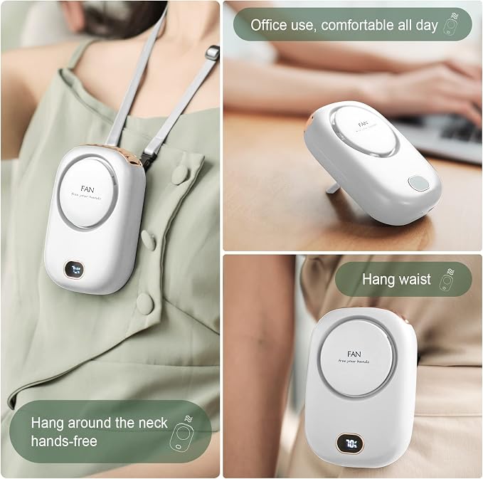 White CoolBreeze neck fan lifestyle collage: worn hands-free around the neck, clipped at the waist, and in office use