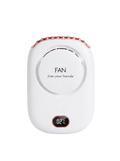 A white handheld fan with a circular front grille, the word 'FAN' and the phrase 'free your hands' printed on the center, a small digital display showing 02%, and a metallic rose gold accent along the top edge.
