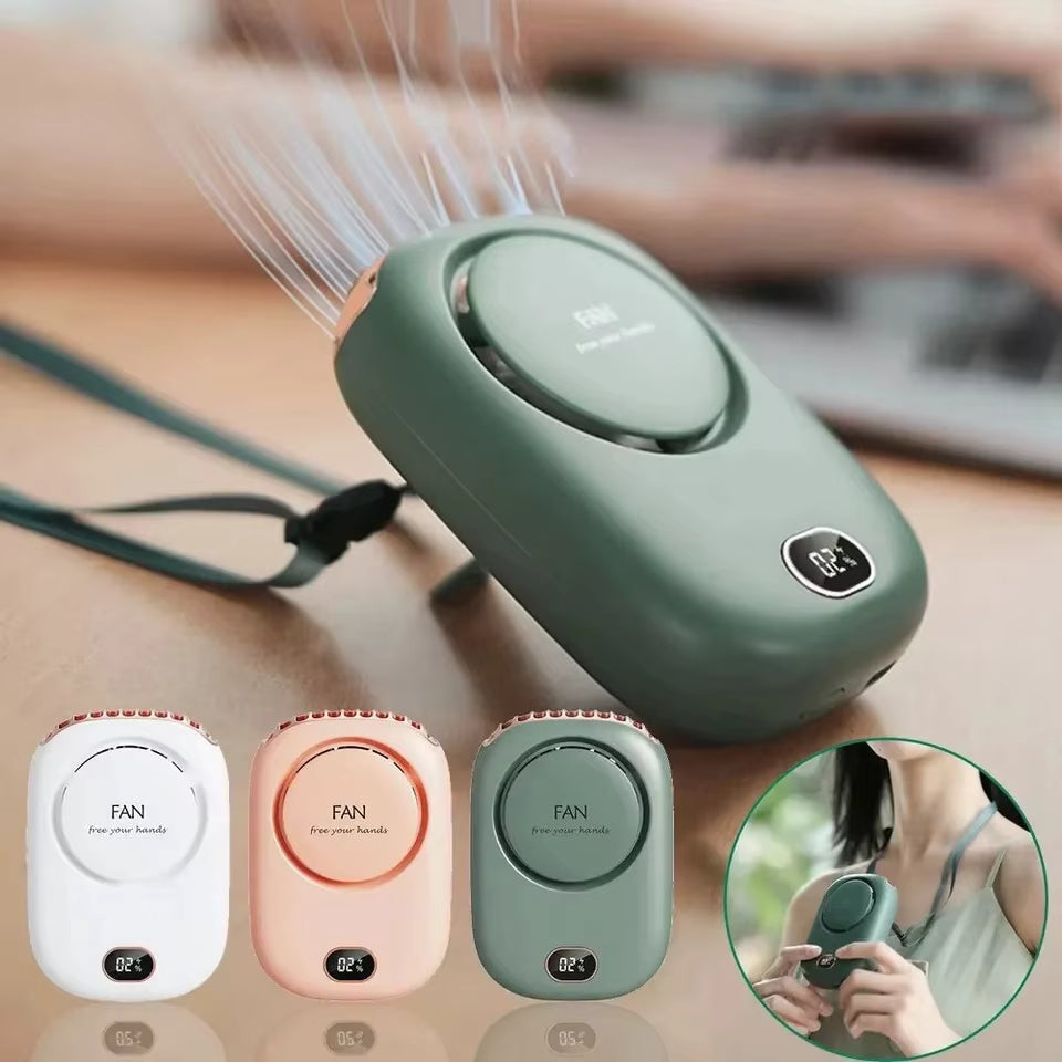CoolBreeze neck fan in Fern green on a desk with the Alpine, Rose and Fern colorways lined up