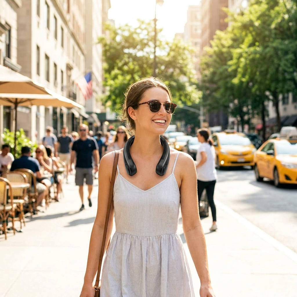 Woman wearing BreezeLoop neck fan on a city street