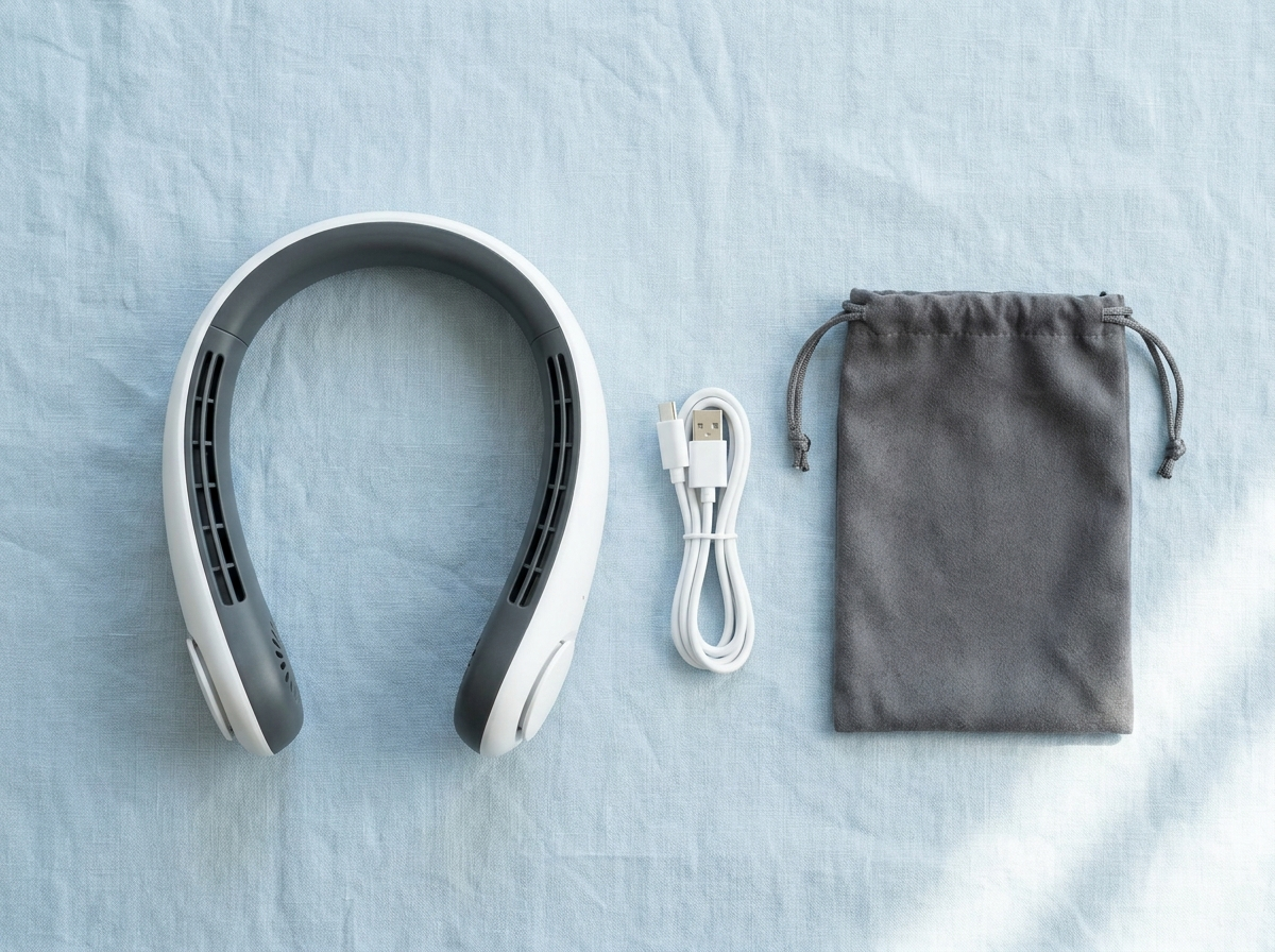 BreezeLoop neck fan flat lay with charging cable and pouch