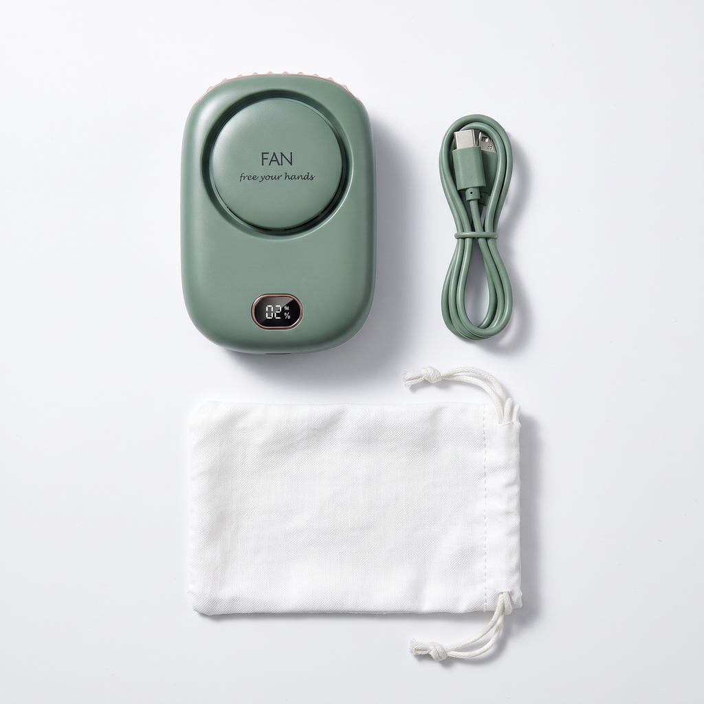 Neck fan flat lay with USB-C cable and travel pouch