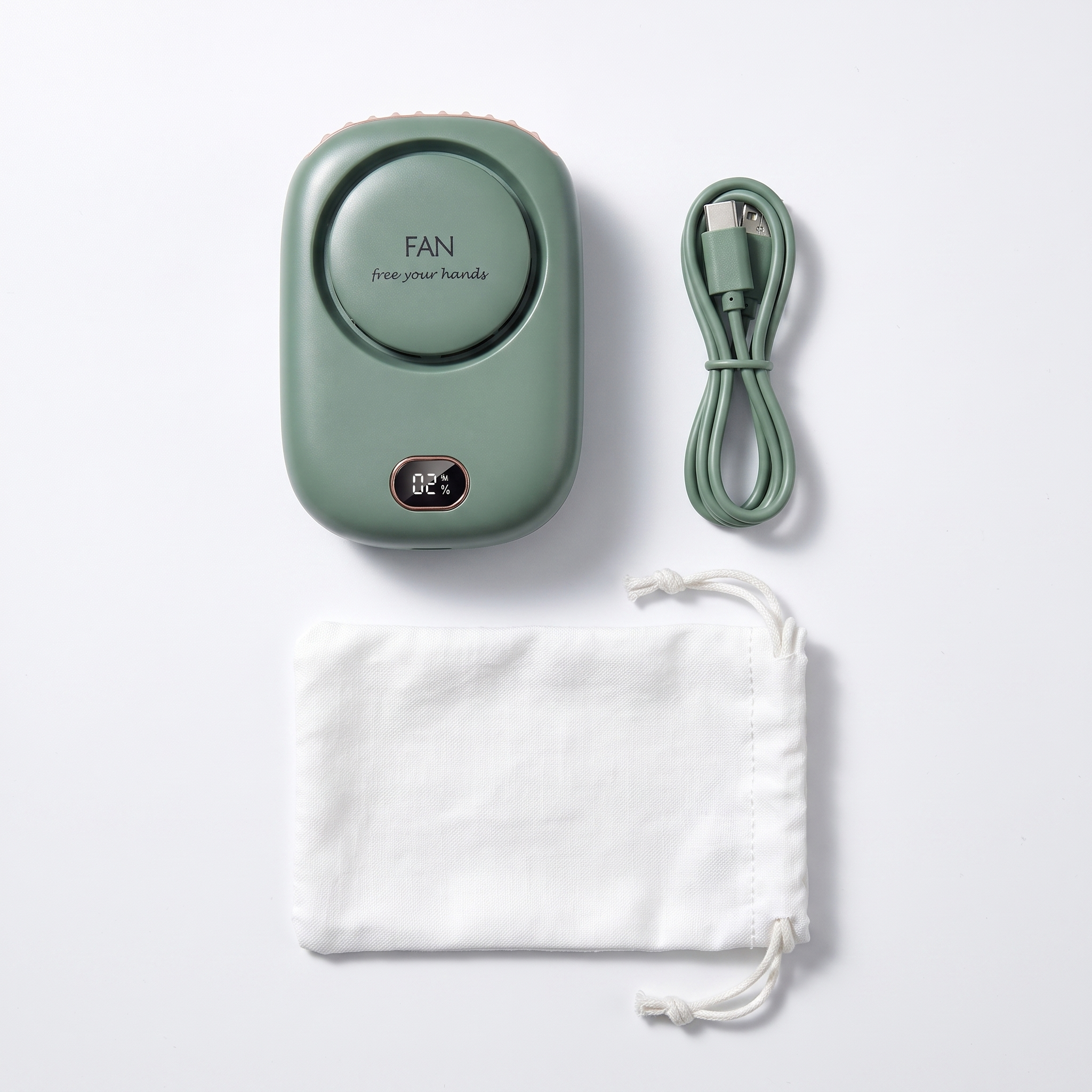 Neck fan flat lay with USB-C cable and travel pouch