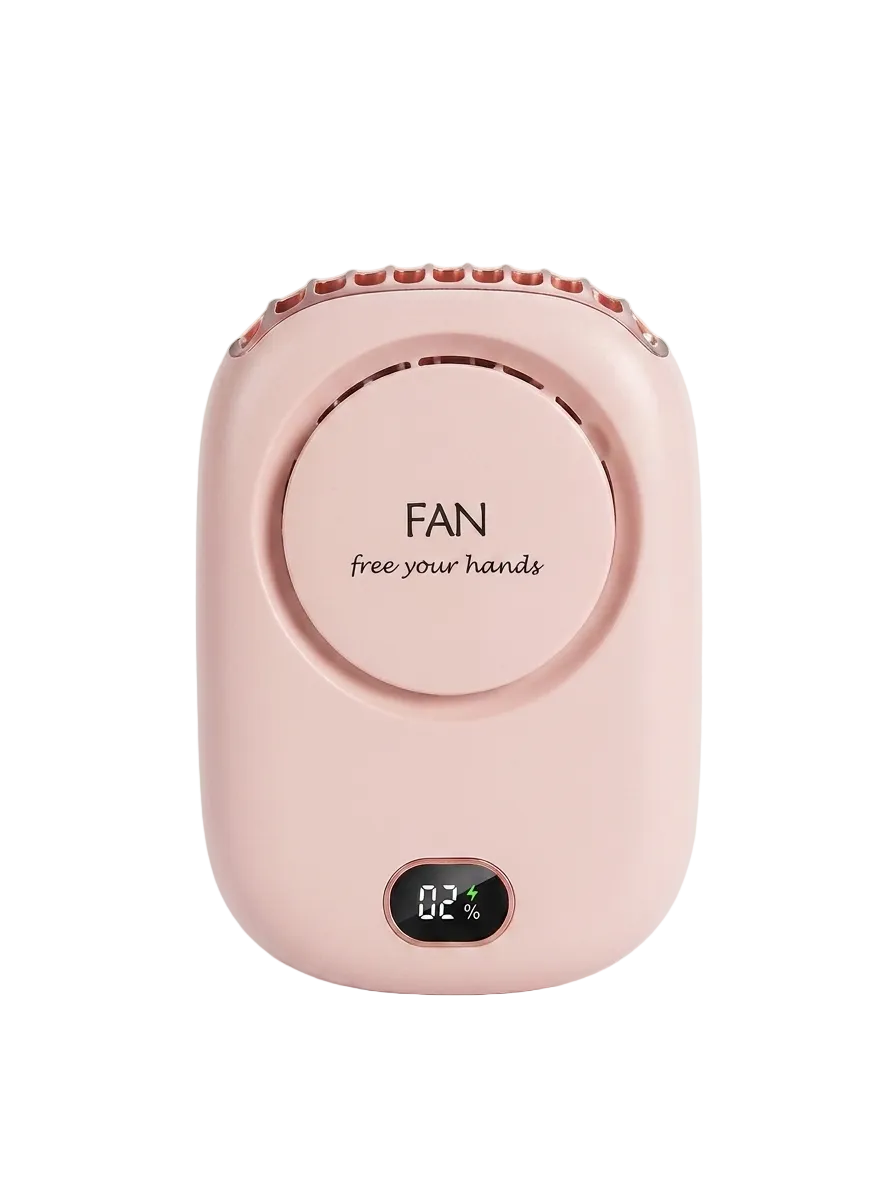 Hands-free bladeless neck fan, Pink, studio shot with FAN branding