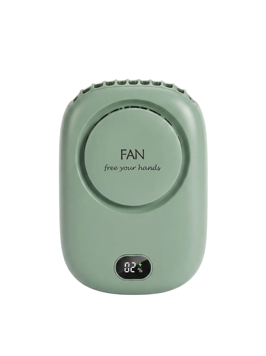 Hands-free bladeless neck fan, Green, studio shot with FAN branding
