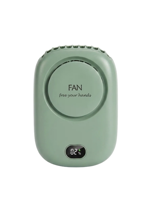 Hands-free bladeless neck fan, Green, studio shot with FAN branding